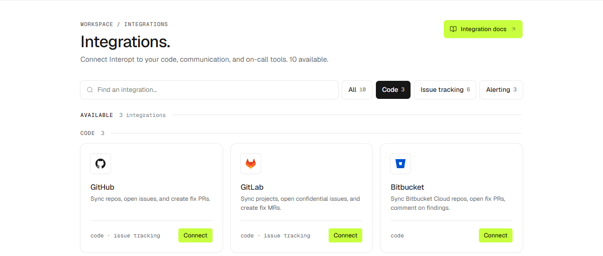 The Integrations page filtered to the available code hosts.