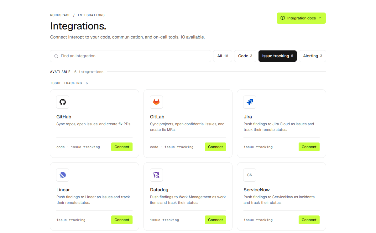 The Integrations page filtered to the available issue trackers.