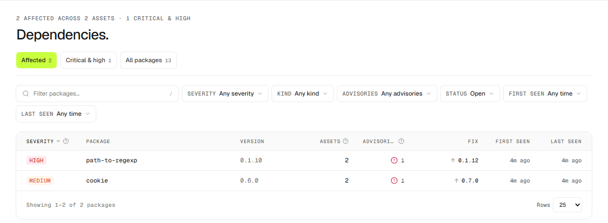 The Dependencies list, with advisories and fixed versions.