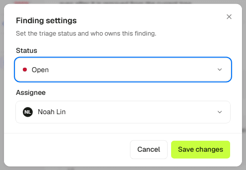 Changing a finding's assignee from the Finding settings dialog.