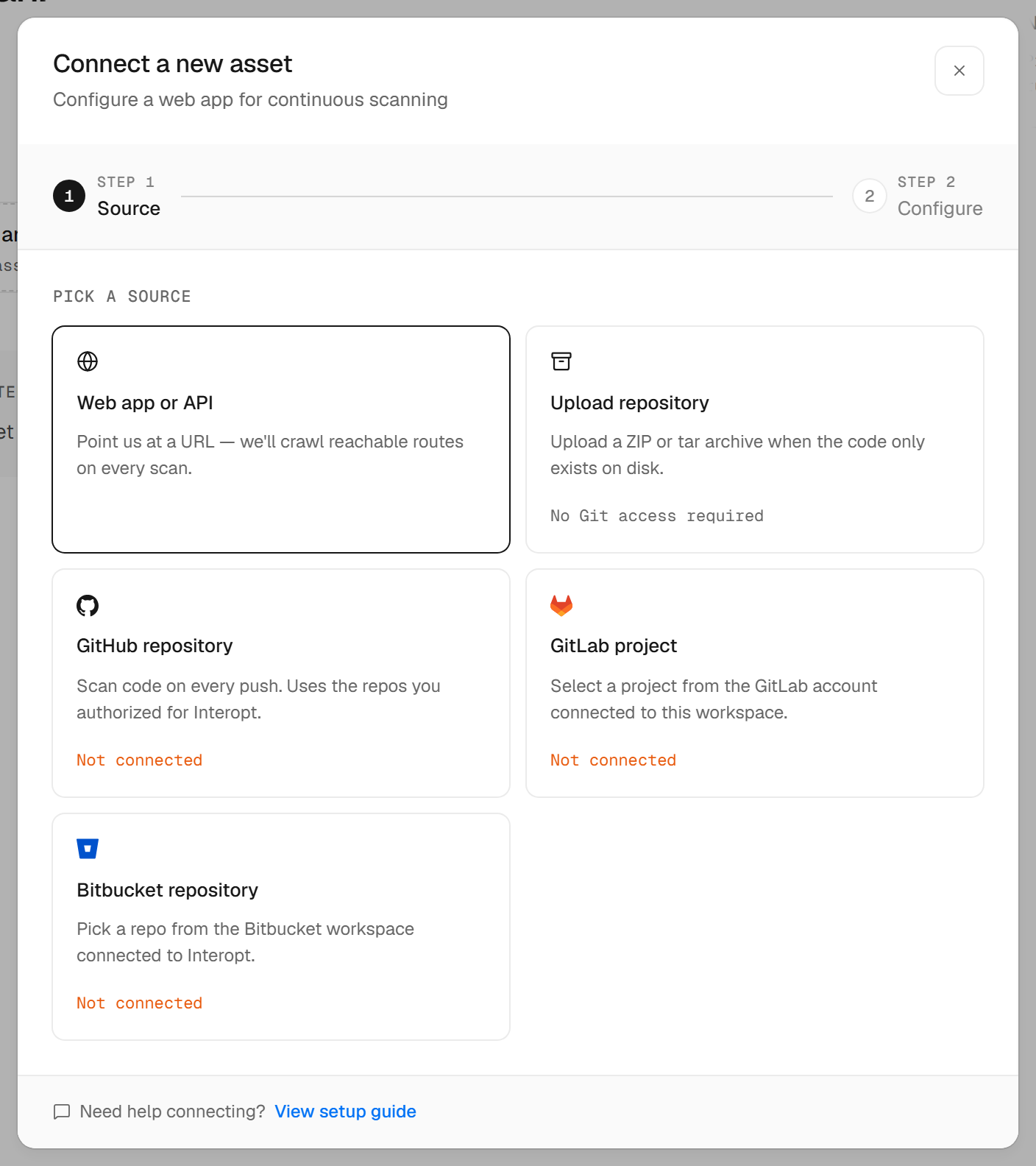 Connecting a new asset: web app, uploaded repository, or a code host.